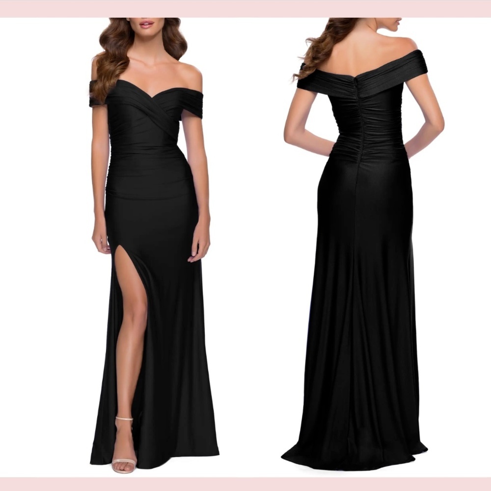 NEW $348 La Femme‎ [ size 6 ] Off the Shoulder Stretch Jersey Gown in Black